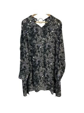 MBLM Longline Tunic Blouse Women’s 2X Grey Purple Button Up Shirt Floral EUC